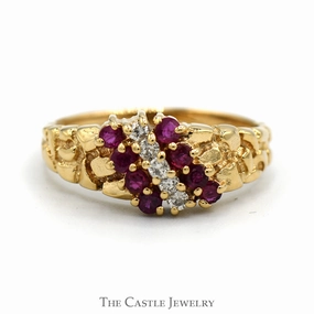 Contemporary Design Round Ruby & Diamond Cluster Ring with Nugget Style Mounting in 14k Yellow Gold
