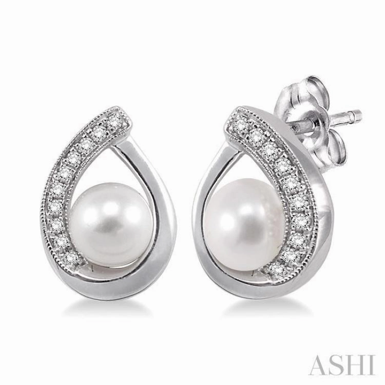 Dazzling Feature Accent Focus 6x6 MM Round Shape Cultured Pearls and 1/10 Ctw Round Cut Diamond Earrings in 14K White Gold
