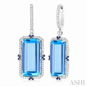Playful Spark muted tone 17x9 MM Emerald Cut Blue Topaz and .80 MM Sapphire & 1/3 Ctw Round Cut Diamond Halo Precious & Semi-Precious Earrings in 14K White Gold