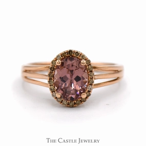 Modern Interpretation Wonderful Work Oval Cut Pink Tourmaline Ring with Cocoa Diamond Halo in 14k Rose Gold