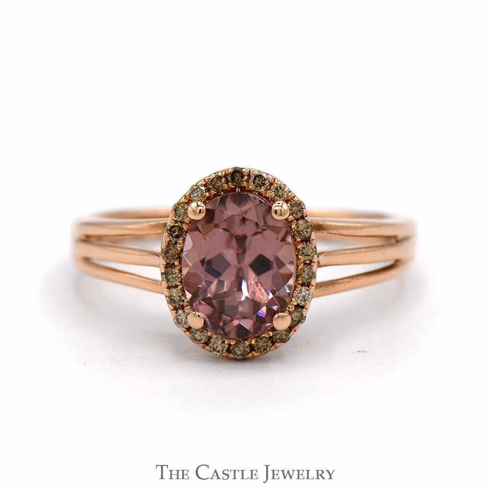 Modern Interpretation Wonderful Work Oval Cut Pink Tourmaline Ring with Cocoa Diamond Halo in 14k Rose Gold