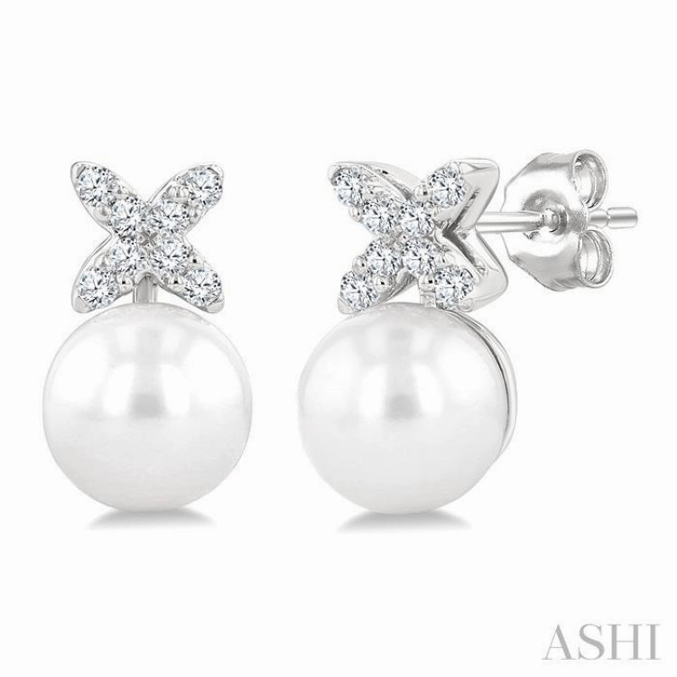 Glow Accent 6 MM Cultured Pearl and 1/10 Ctw Round Cut Diamond Floral Fashion Earrings in 14K White Gold