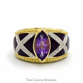 Marquise Shaped Amethyst Ring with Diamond Accented Purple Enamel Sides in 14k Yellow Gold Simple Sign Universal Fit