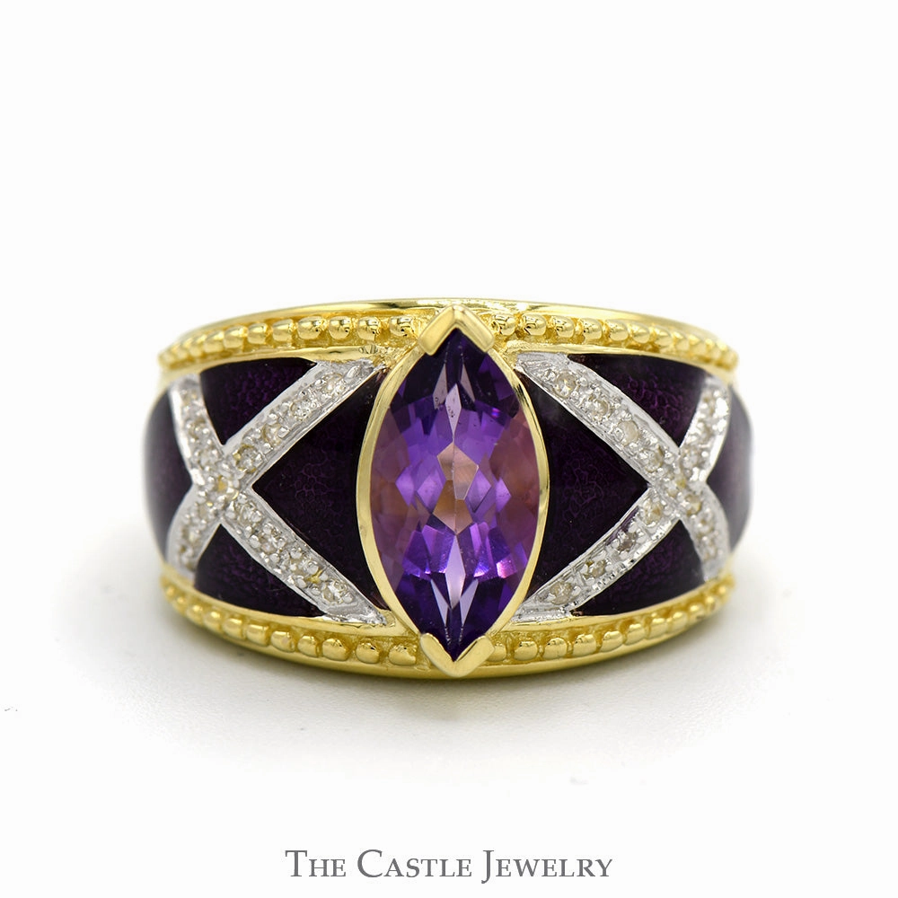 Marquise Shaped Amethyst Ring with Diamond Accented Purple Enamel Sides in 14k Yellow Gold Simple Sign Universal Fit