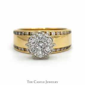 3/4cttw 7 Diamond Cluster Ring with Channel Set Diamond Accents in 14k Yellow Gold Lovely Look Graceful Contour