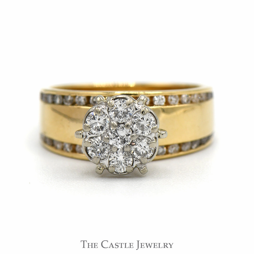 3/4cttw 7 Diamond Cluster Ring with Channel Set Diamond Accents in 14k Yellow Gold Lovely Look Graceful Contour