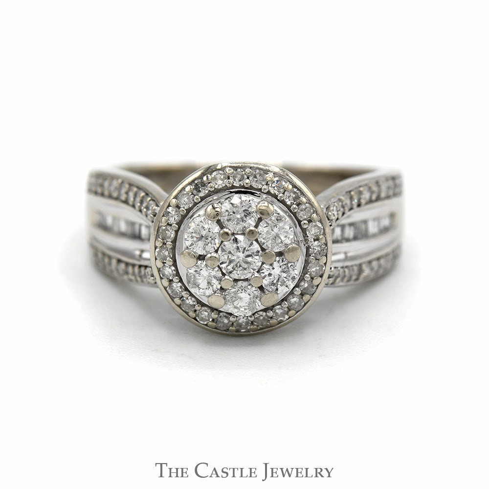 Lightweight Statement 1cttw Round Diamond Cluster Engagement Ring with Diamond Halo & Accented Sides in 14k White Gold
