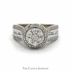 Lightweight Statement 1cttw Round Diamond Cluster Engagement Ring with Diamond Halo & Accented Sides in 14k White Gold