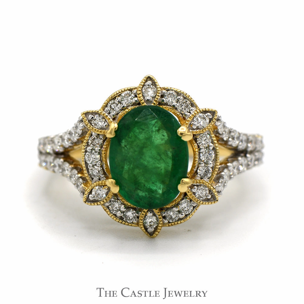 2.25ct Oval Emerald Vintage Ring with Diamond Halo and Accented Split Shank Sides in 14k Yellow Gold Delicate Craft