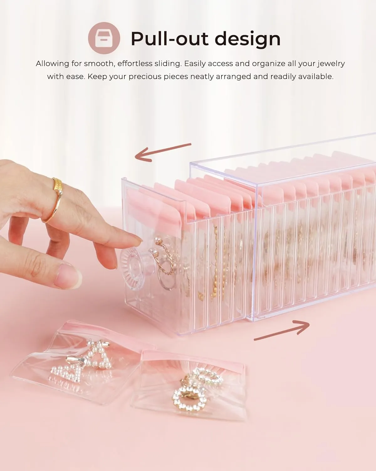 Clear Acrylic Jewelry Organizer Box with 20 Portable Pouches, Jewelry Storage Case for Women Girls, Tangle-Free, Dust-Proof, Anti-Tarnish, Compact Storage for Necklaces/Earrings/Rings, Pink