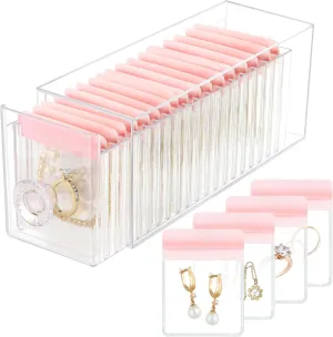 Clear Acrylic Jewelry Organizer Box with 20 Portable Pouches, Jewelry Storage Case for Women Girls, Tangle-Free, Dust-Proof, Anti-Tarnish, Compact Storage for Necklaces/Earrings/Rings, Pink