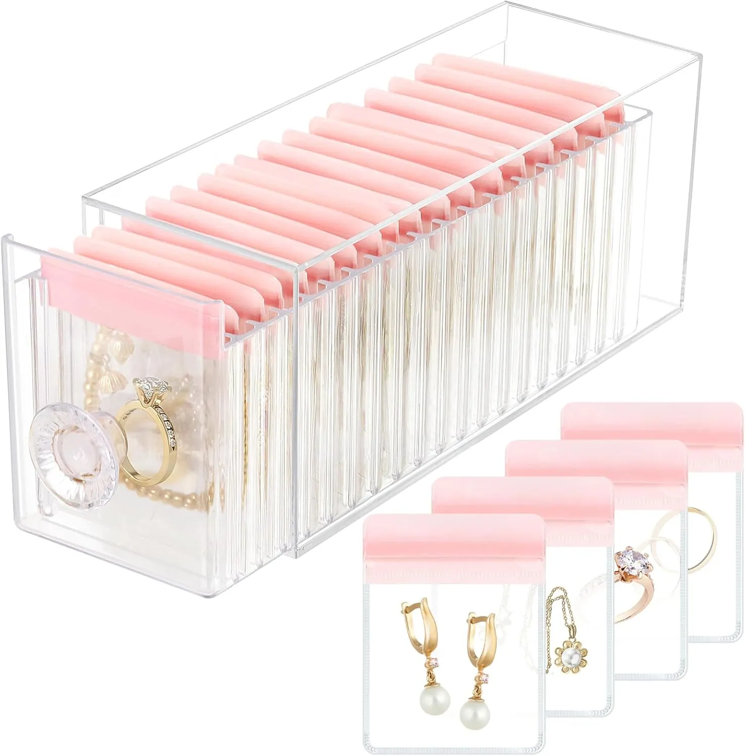 Clear Acrylic Jewelry Organizer Box with 20 Portable Pouches, Jewelry Storage Case for Women Girls, Tangle-Free, Dust-Proof, Anti-Tarnish, Compact Storage for Necklaces/Earrings/Rings, Pink