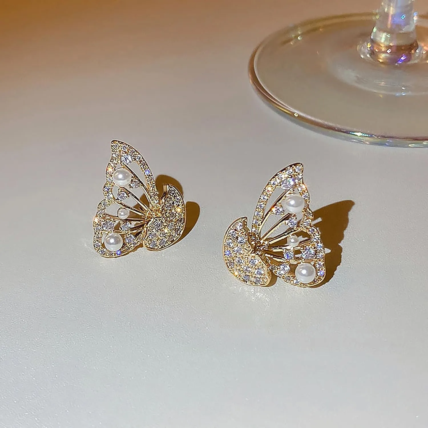 Clip on Earrings Dangling Jewelry Gold Earrings Rose Earring Jackets for Studs Fashionable Elegant Gorgeous Diamond Pearls Butterfly Earrings Earrings for Women Blue Tassel Earrings (A, One Size)