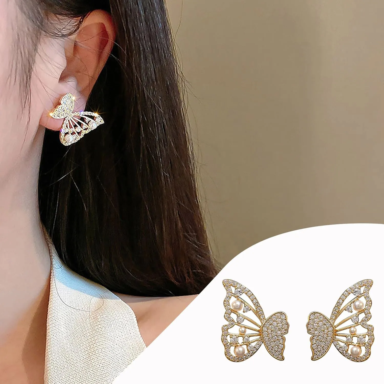 Clip on Earrings Dangling Jewelry Gold Earrings Rose Earring Jackets for Studs Fashionable Elegant Gorgeous Diamond Pearls Butterfly Earrings Earrings for Women Blue Tassel Earrings (A, One Size)