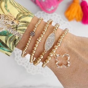 Sentimental Touch Clover and ball beads Bracelet Set with crystals in gold tone