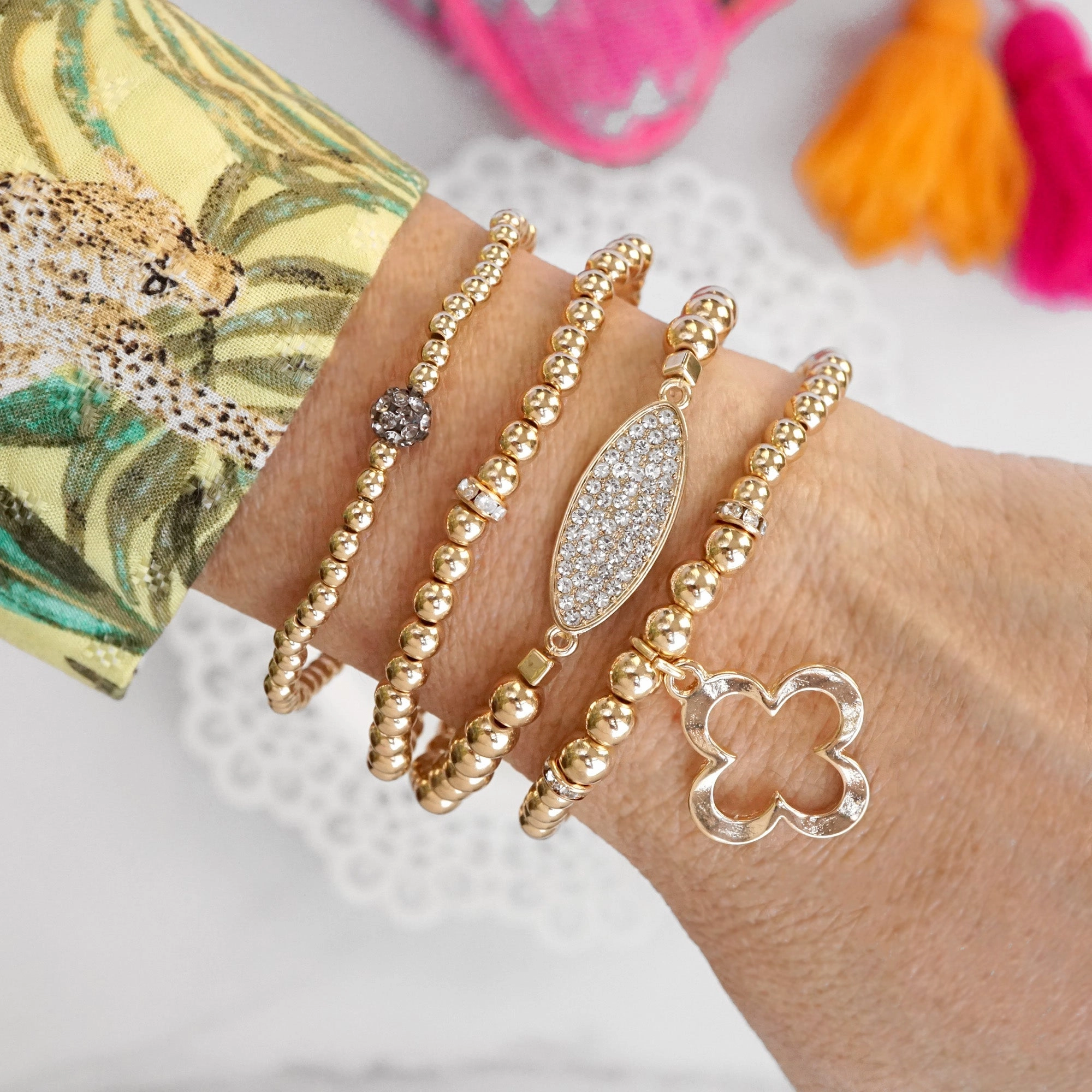 Sentimental Touch Clover and ball beads Bracelet Set with crystals in gold tone