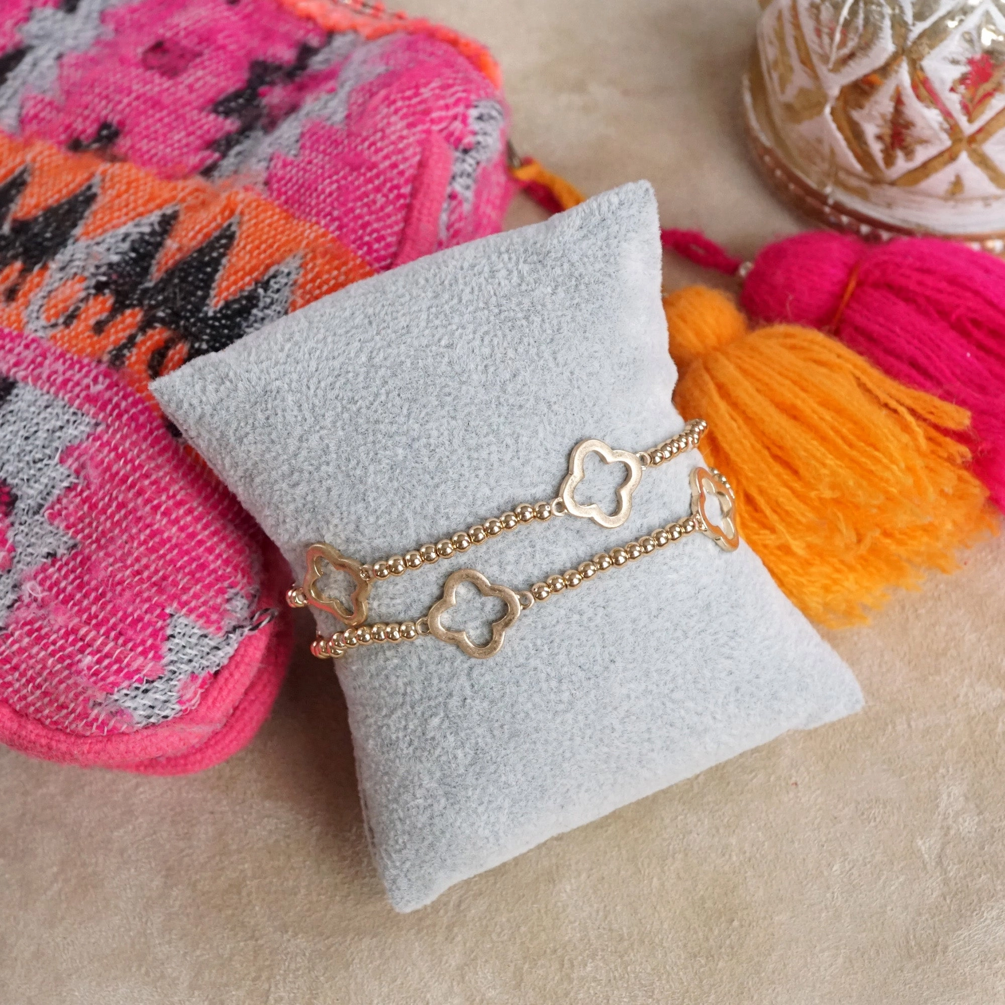 Unparalleled Worth Worldwide Benchmark Clover and Tiny Ball Beads Bracelet Sets ?C Worn Gold or Silver Tone