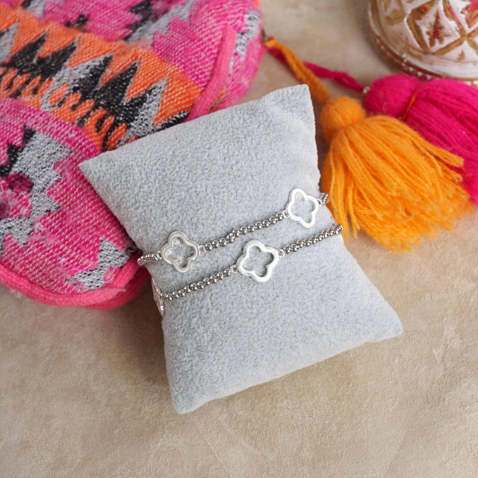 Fresh Perspective Clover and Tiny Ball Beads Bracelet Sets ?C Worn Gold or Silver Tone