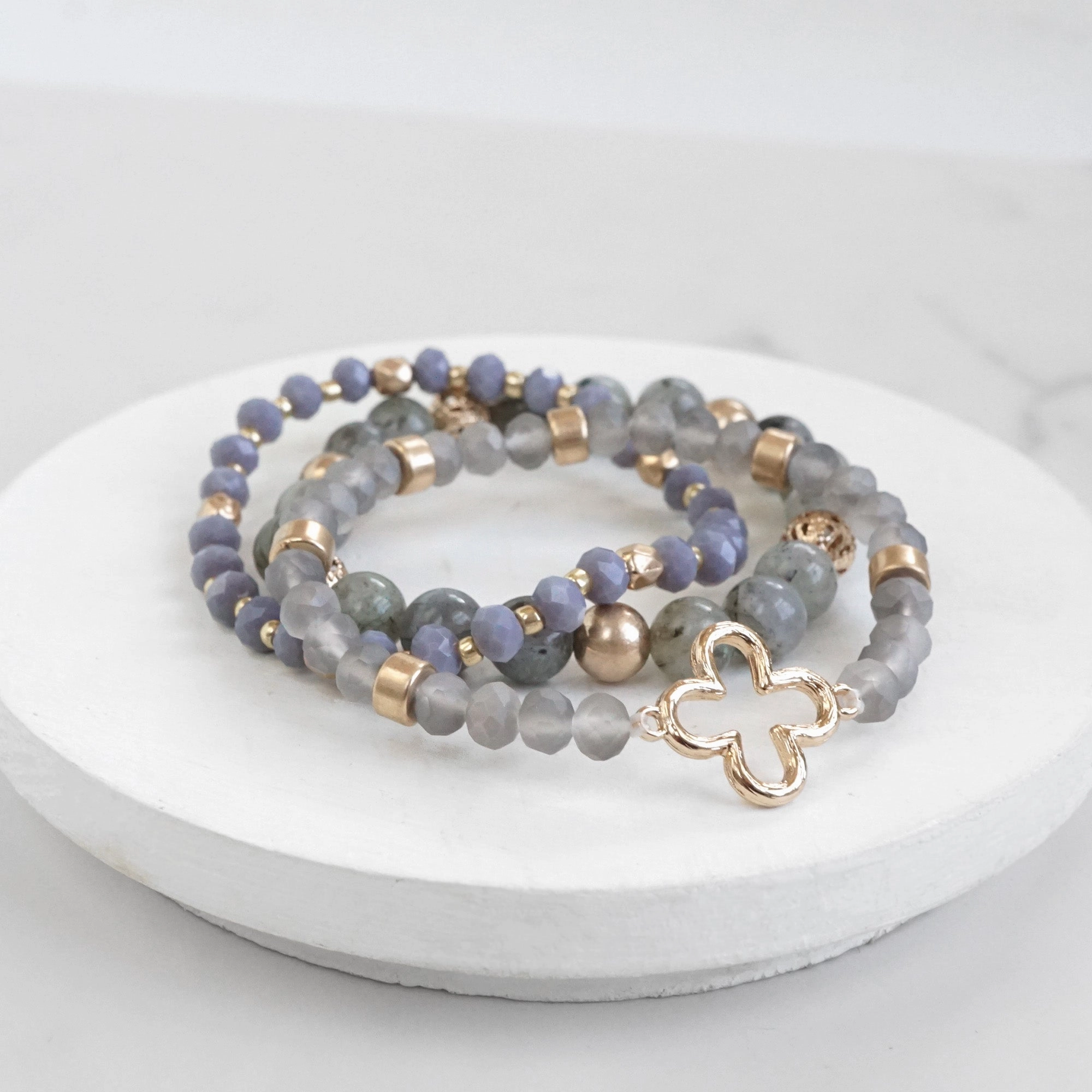 Clover Beaded Bracelet Set Semi Precious Gold tone - Grey Heartwarming Amalgamations Simple View