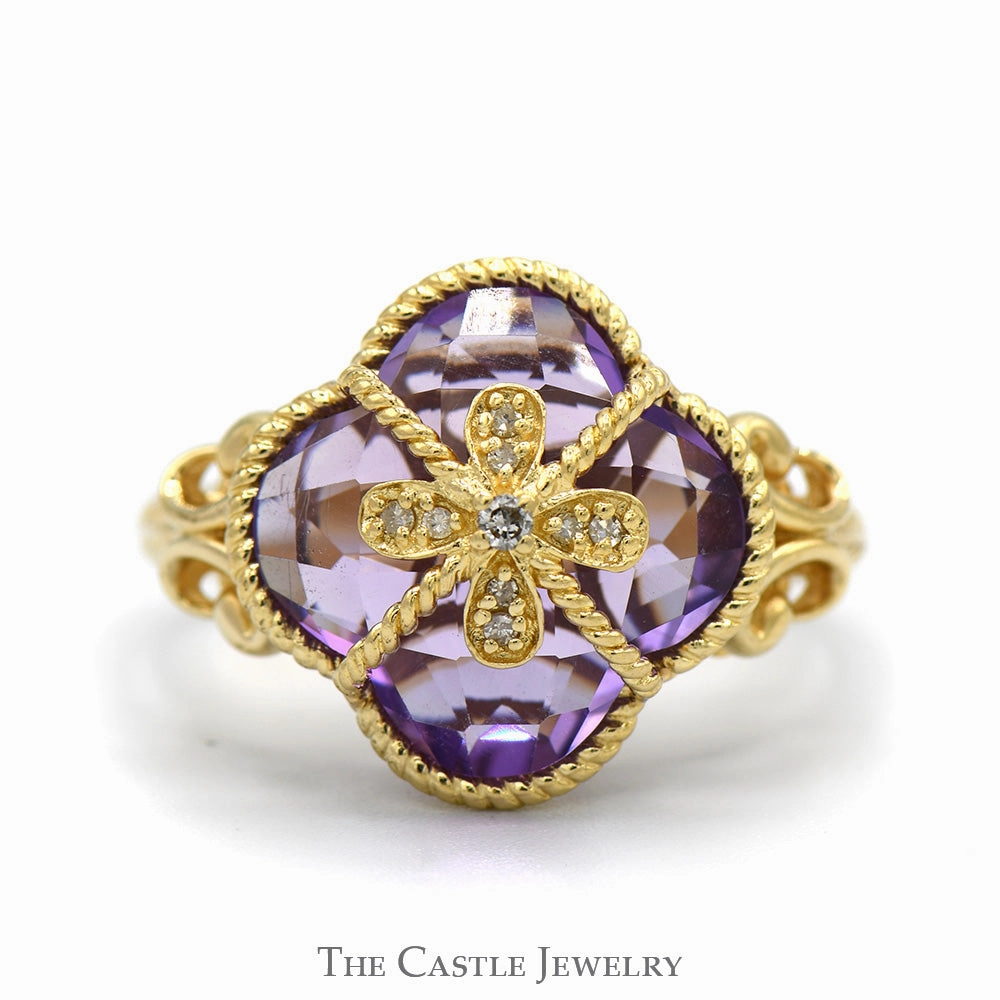 Ornate Decoration Clover Cut Amethyst Ring with Diamond Accents and Butterfly Designed Sides in 14k Yellow Gold
