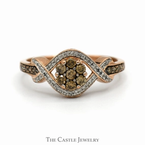 Timeless Style Cocoa Diamond Cluster Ring with White Diamond Accented Interweaving 10k Rose Gold Setting