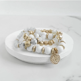 Diverse Fusions Coin Wood Beaded Bracelet Set - Silver Gold Tone