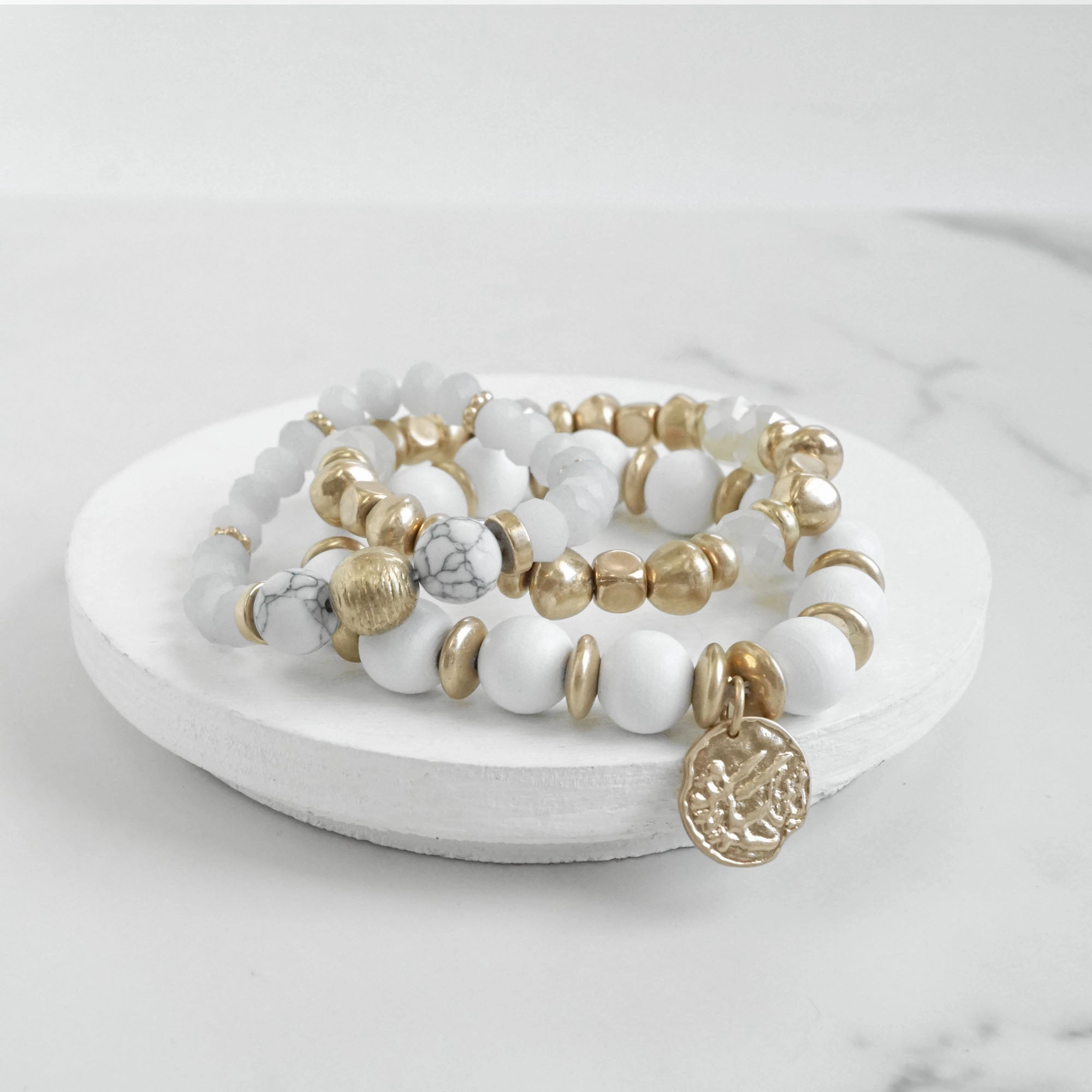 Diverse Fusions Coin Wood Beaded Bracelet Set - Silver Gold Tone