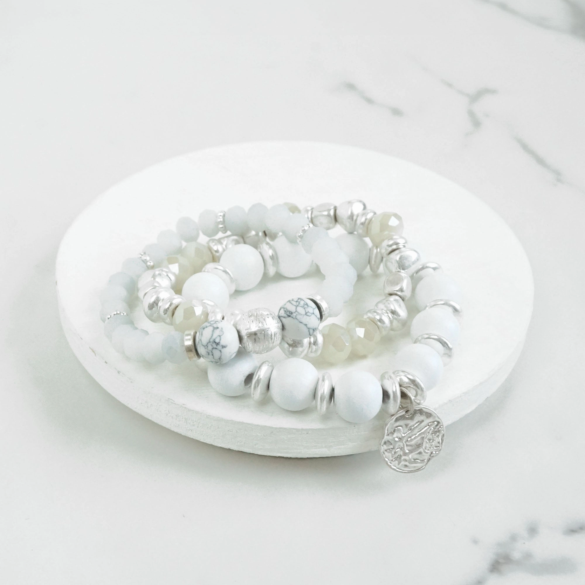 Coin Wood Beaded Bracelet Set - Silver Gold Tone Old-School Focus