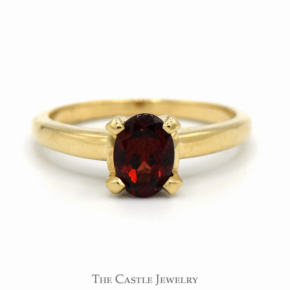 Oval Garnet Solitaire Ring in 14k Yellow Gold 4 Prong Setting Affordable Style Understated Elegance