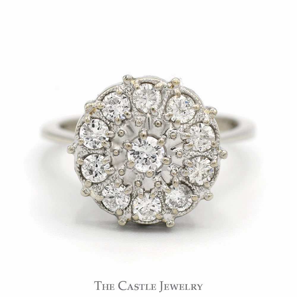 Round Shaped 3/4cttw Diamond Cluster Ring in 14k White Gold Worldly Charm Delicate Piece