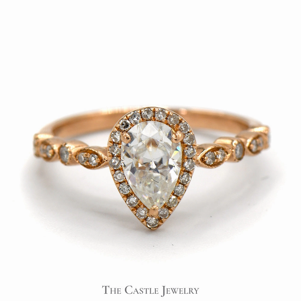 Pear Cut Moissanite Ring with Diamond Accents in 14k Rose Gold Custom Art Premium Statement
