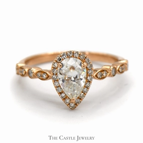 Pear Cut Moissanite Ring with Diamond Accents in 14k Rose Gold Custom Art Premium Statement