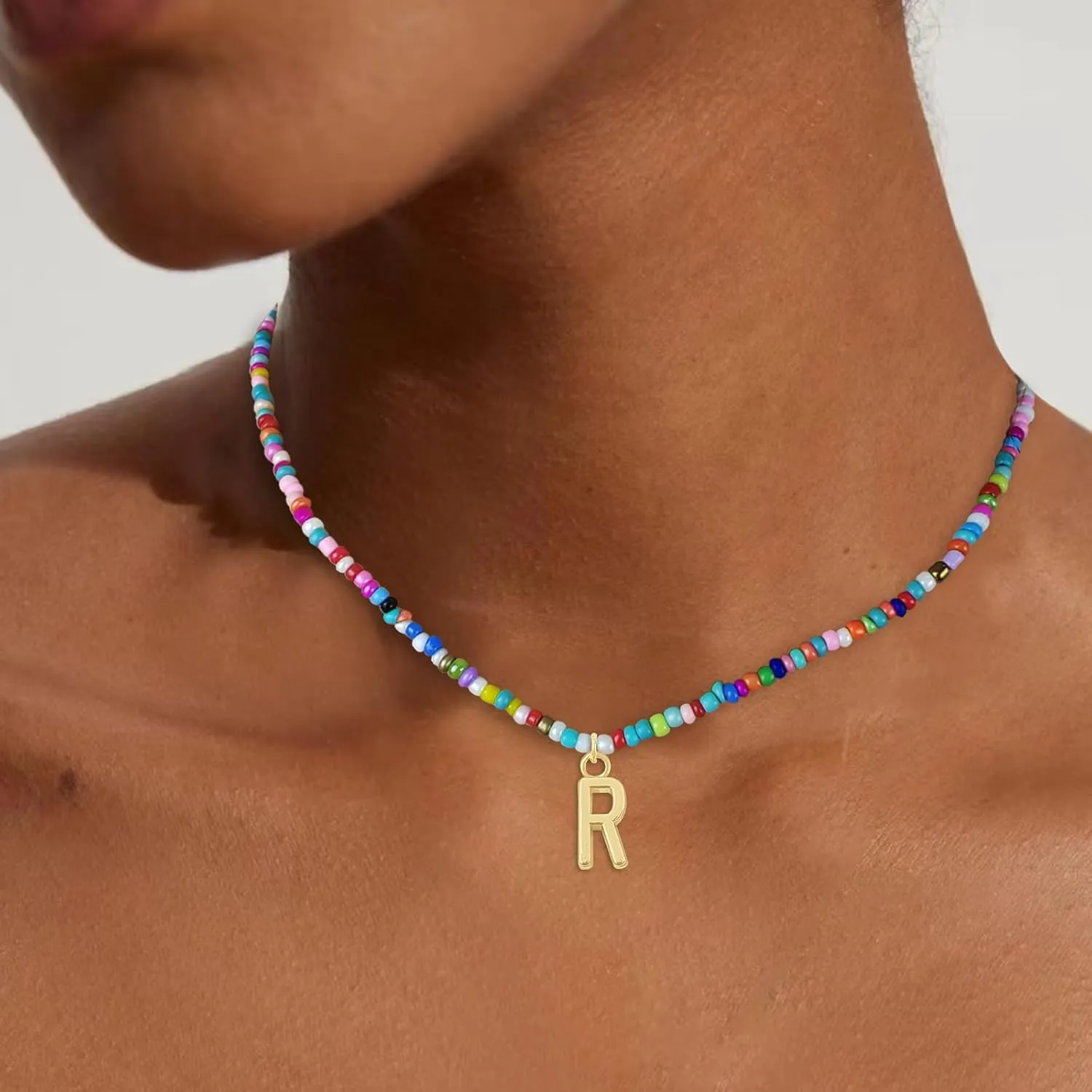 Colorful Beaded Initial Necklaces for Wowen Girls, Mother's Day Gifts for Mom from Daughter Son, Choker Necklace for Women, Gold Plated Name Letter Necklaces
