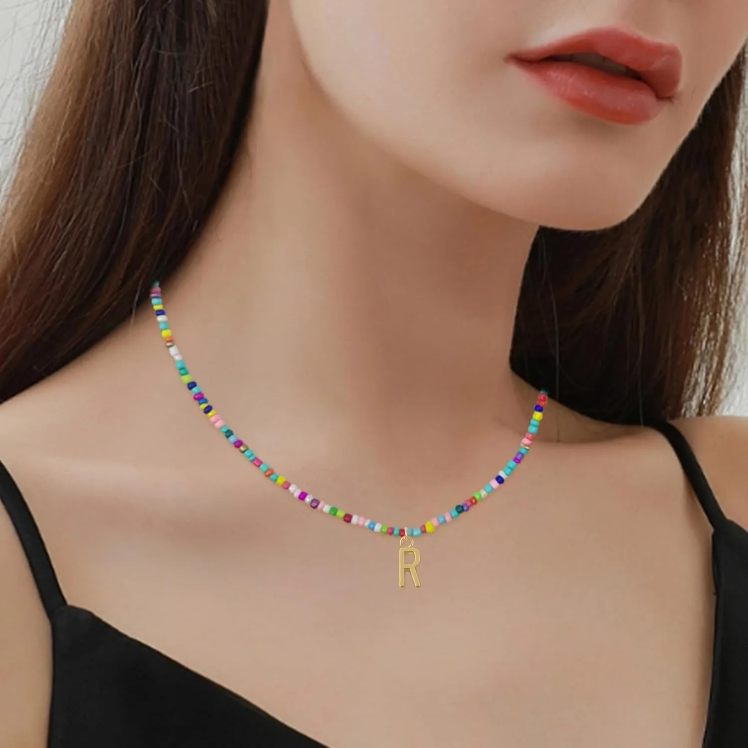 Colorful Beaded Initial Necklaces for Wowen Girls, Mother's Day Gifts for Mom from Daughter Son, Choker Necklace for Women, Gold Plated Name Letter Necklaces