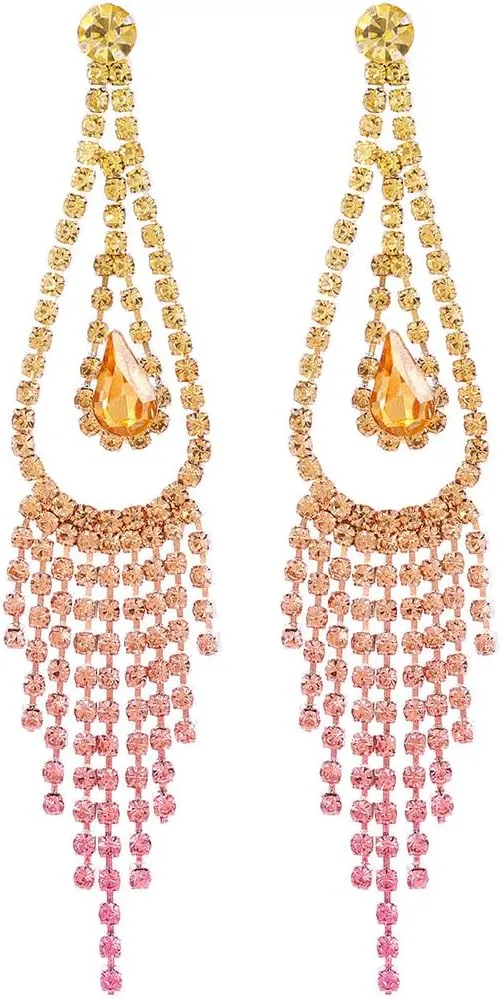 Colorful Rhinestone Long Tassel Drop Earrings Crystal Chandelier Wedding Party Prom Earrings Jewelry Gifts for Women Wedding Party Jewelry