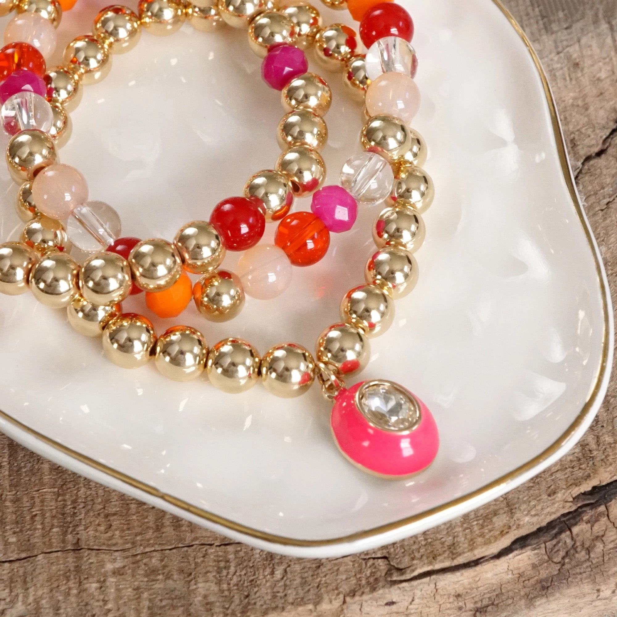 Colorful Beaded Bracelet Set with Oval Charm & Clear Crystal Precisely Valued