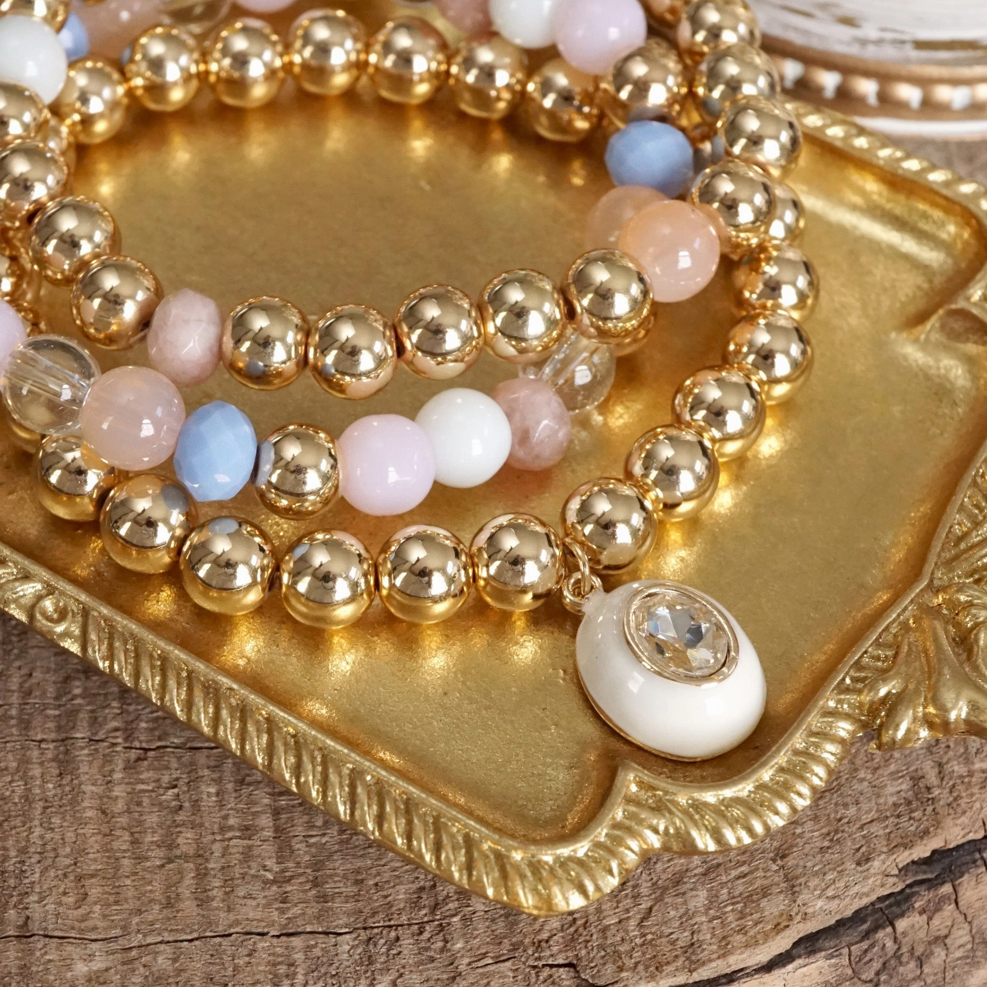 Colorful Beaded Bracelet Set with Oval Charm & Clear Crystal Forever Style