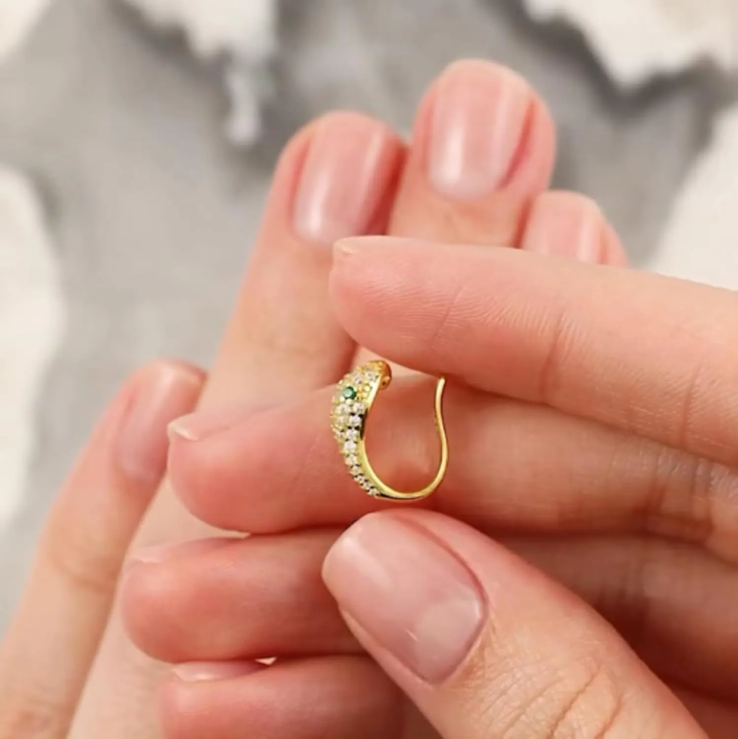 Comfortable Pave Diamond (0.25ct) Snake Ear Cuff, Emerald Gemstone Ear Cuff In 14k Gold, Green Eyes Snake Ear Cuff, Gift For Women.