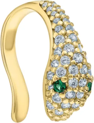Comfortable Pave Diamond (0.25ct) Snake Ear Cuff, Emerald Gemstone Ear Cuff In 14k Gold, Green Eyes Snake Ear Cuff, Gift For Women.