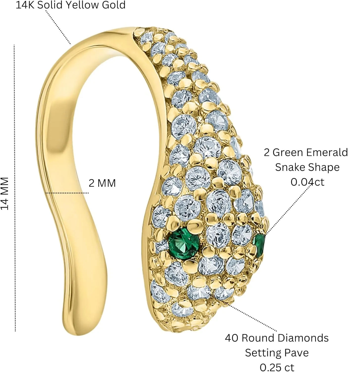 Comfortable Pave Diamond (0.25ct) Snake Ear Cuff, Emerald Gemstone Ear Cuff In 14k Gold, Green Eyes Snake Ear Cuff, Gift For Women.