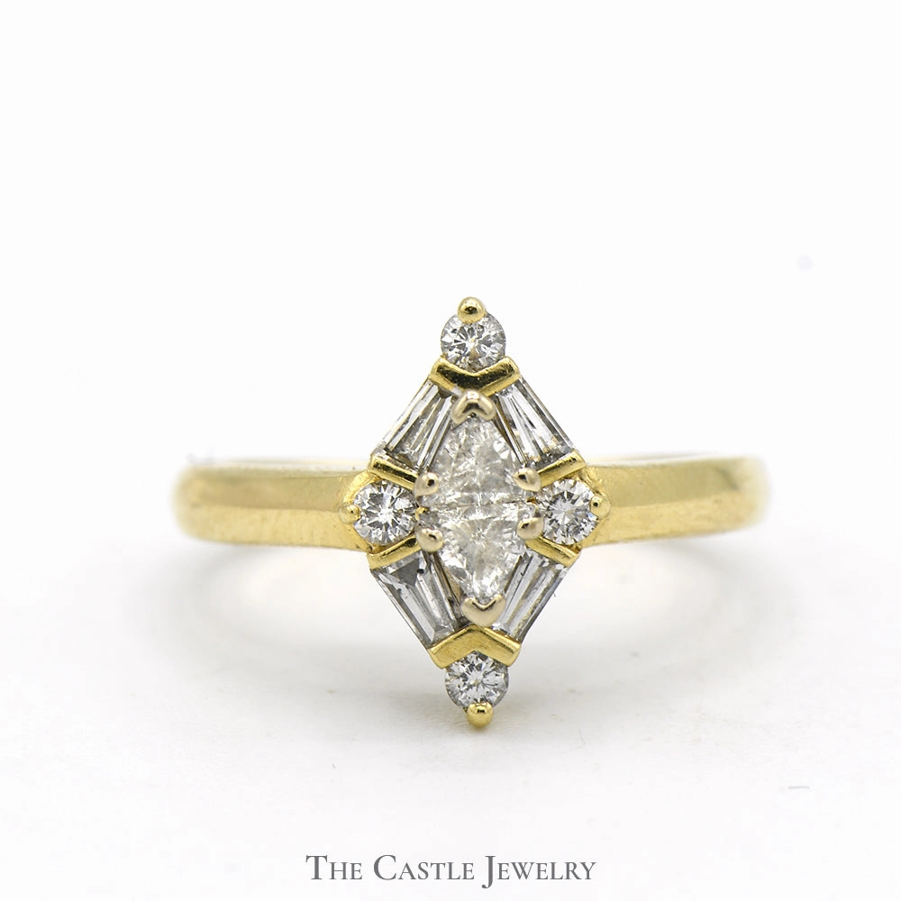 3/4cttw Trillion, Baguette and Round Diamond Cluster Ring in 14k Yellow Gold Distinctive Accessory Beautiful Piece