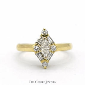 3/4cttw Trillion, Baguette and Round Diamond Cluster Ring in 14k Yellow Gold Distinctive Accessory Beautiful Piece