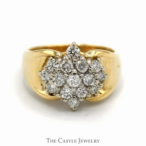 Diamond Flower Cluster Ring in 10k Yellow Gold Wide Cathedral Mounting Tarnish Proof