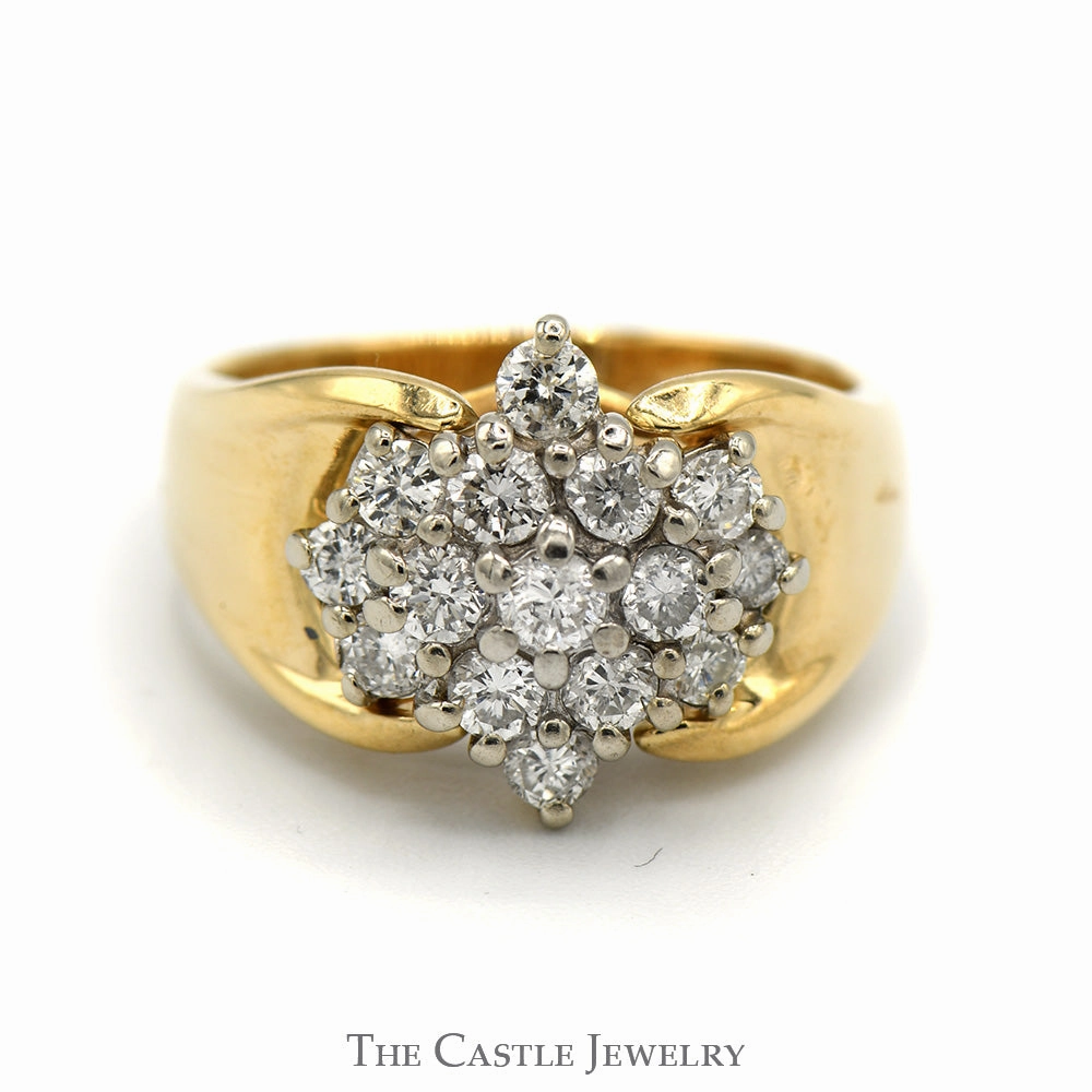 Diamond Flower Cluster Ring in 10k Yellow Gold Wide Cathedral Mounting Tarnish Proof