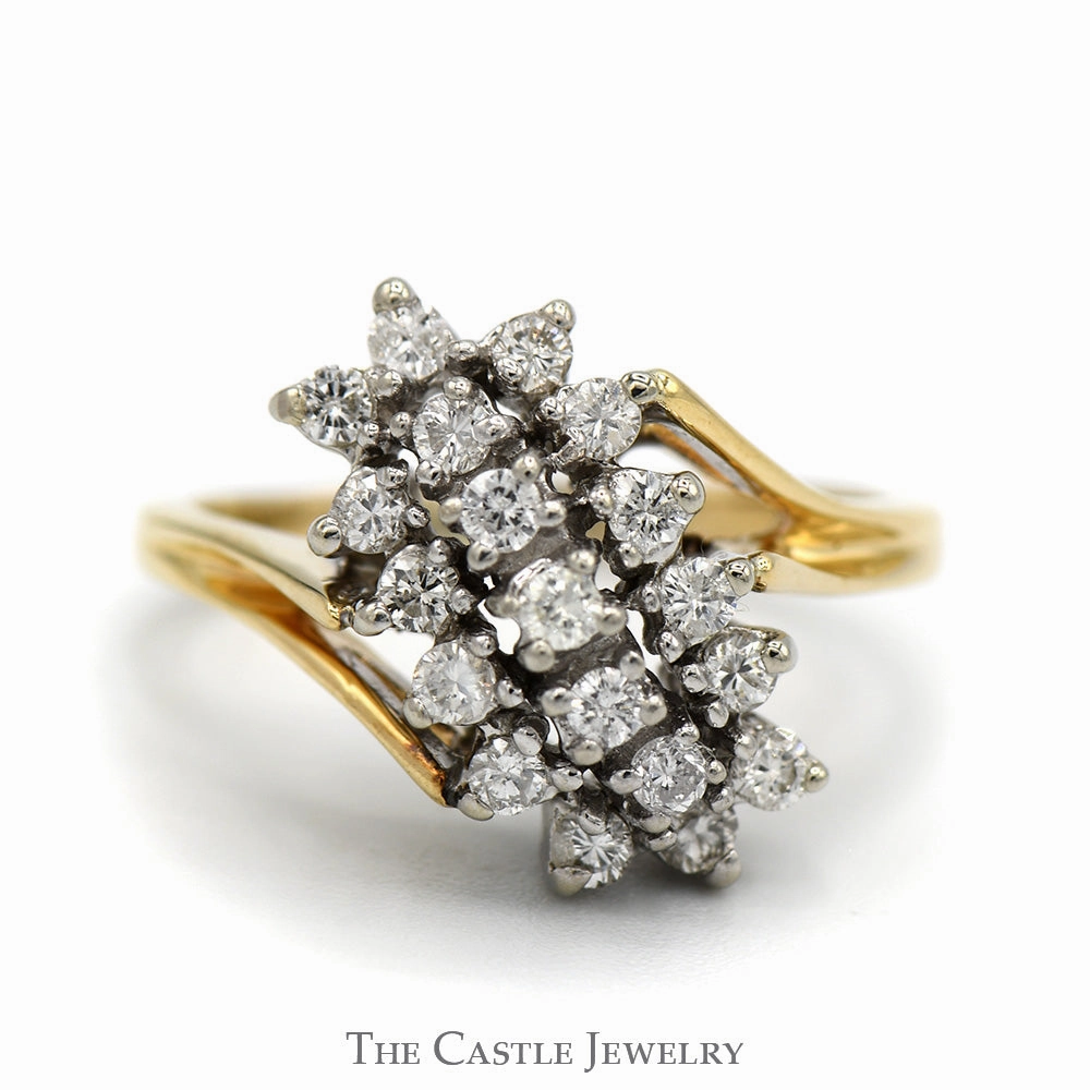Low-Cost Article Affordable Gift .38cttw Waterfall Diamond Cluster Ring in 14k Yellow Gold Bypass Mounting