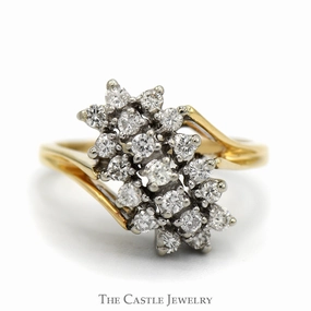 Low-Cost Article Affordable Gift .38cttw Waterfall Diamond Cluster Ring in 14k Yellow Gold Bypass Mounting