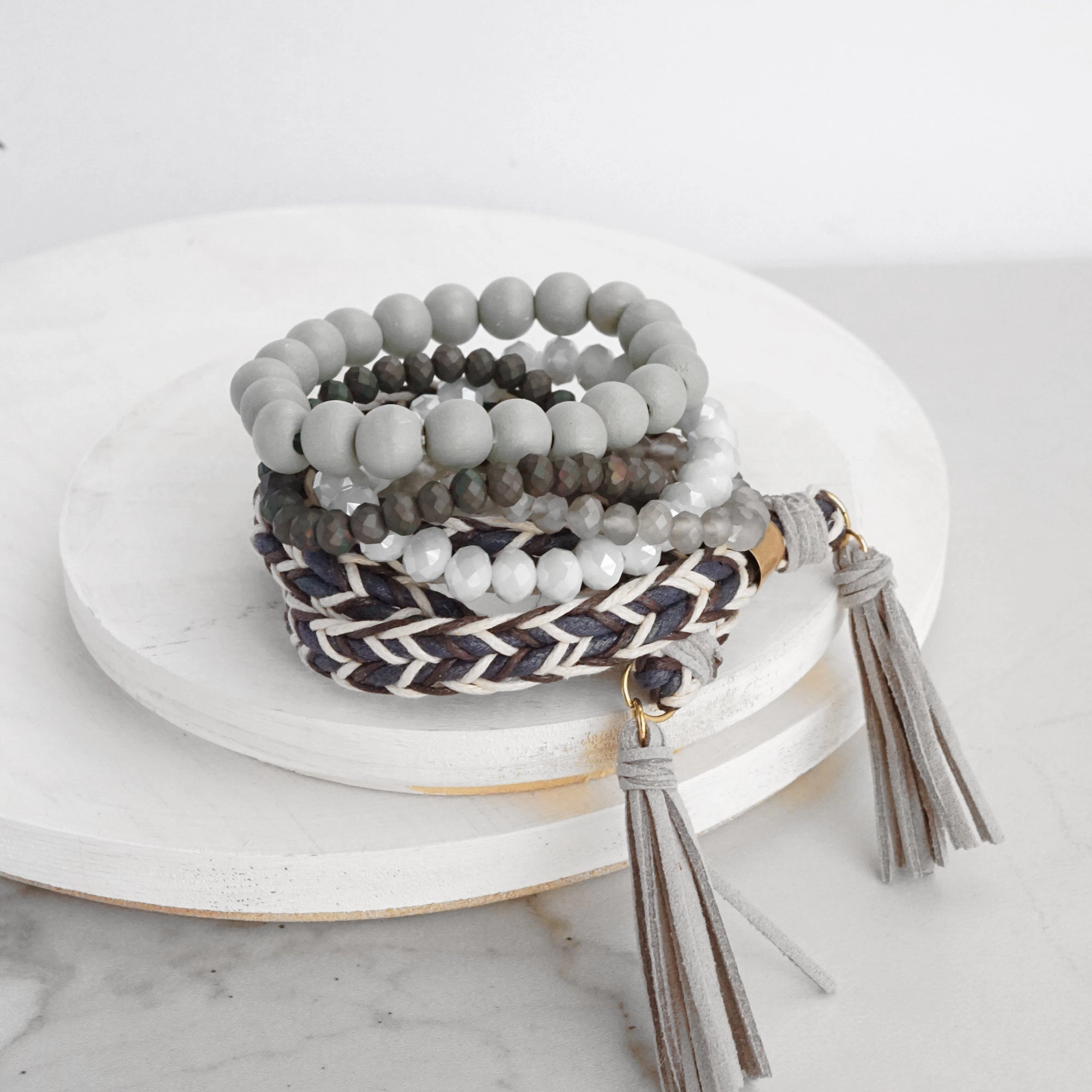 Boho Wrap Tassels and Beads Bracelet Stack in greys Neighborhood Find