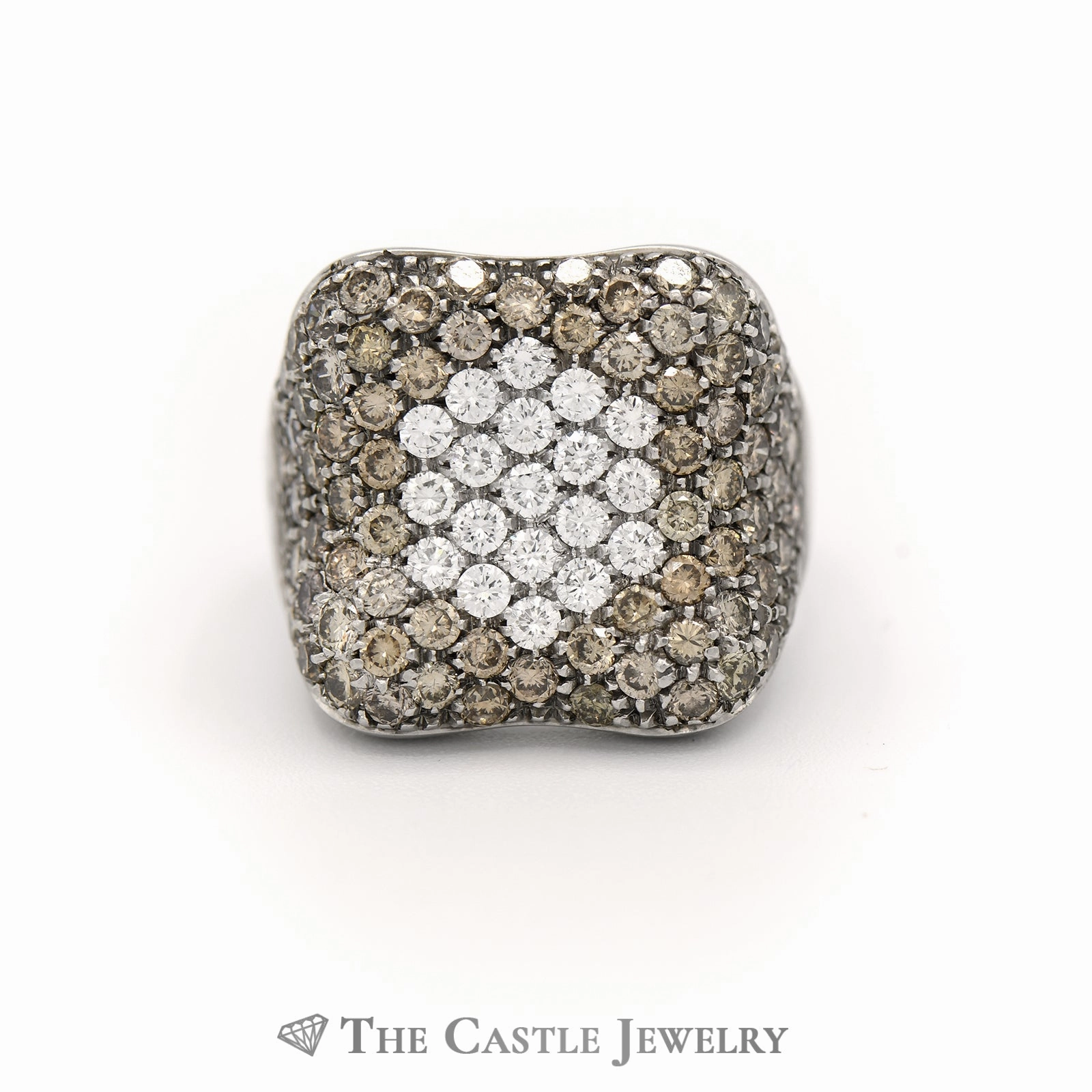 Sparkling Craft Concave Design Cluster Ring 3.50cttw Pave Set Round White & Champagne Diamonds