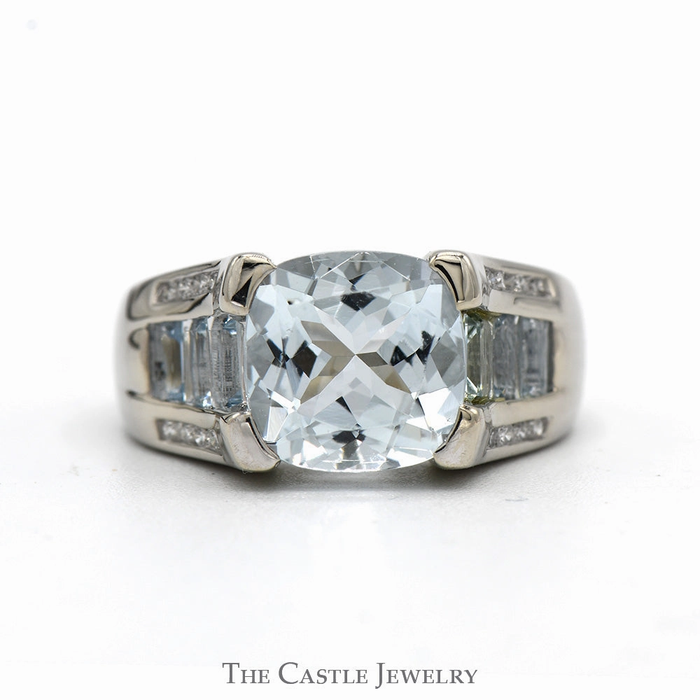 Value Work Memorable Accessory Cushion Cut Aquamarine Ring with Baguette Aquamarine Sides and Diamond Accents in 14k White Gold
