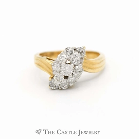 3/4cttw Waterfall Diamond Cluster Ring in 14k Yellow Gold Bypass Mounting Unbendable Piece Classy Jewelry